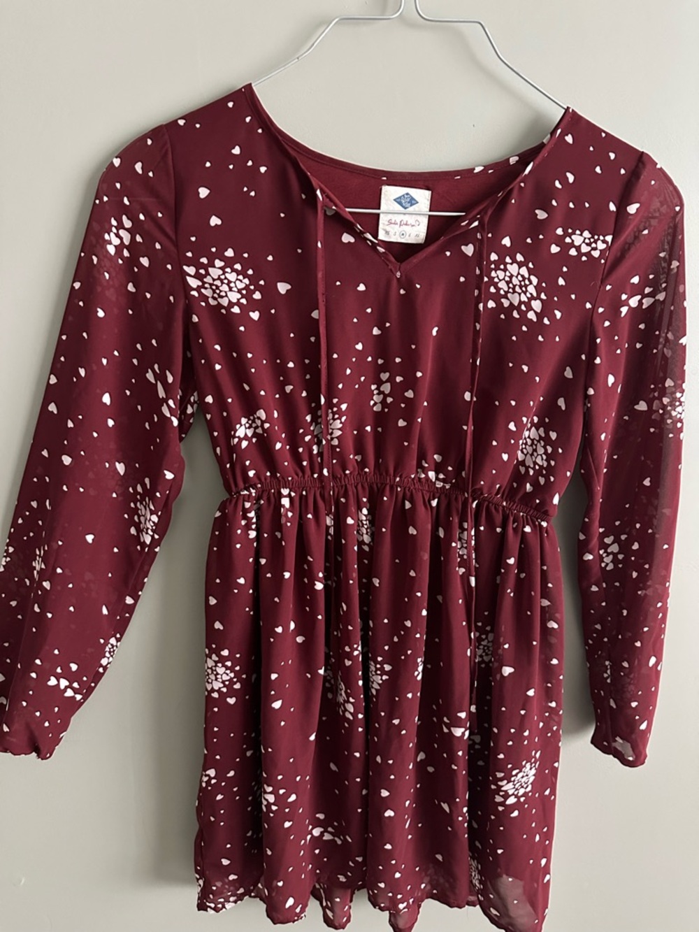 Maroon long sleeved dress with White Heart Print